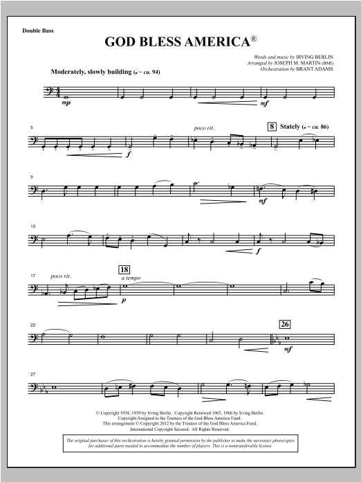 Joseph Martin God Bless America - Double Bass Sheet Music Notes & Chords for Choral Instrumental Pak - Download or Print PDF