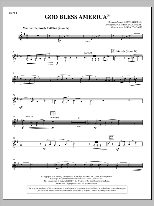 Joseph Martin God Bless America - F Horn 1 Sheet Music Notes & Chords for Choral Instrumental Pak - Download or Print PDF