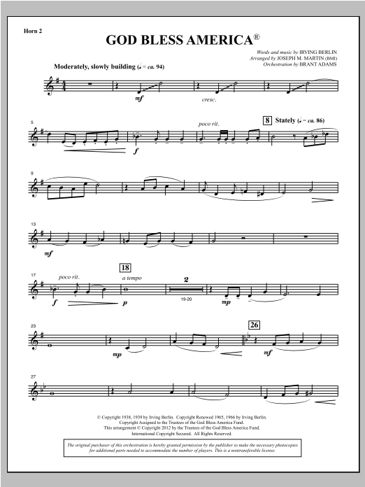 Joseph Martin God Bless America - F Horn 2 Sheet Music Notes & Chords for Choral Instrumental Pak - Download or Print PDF