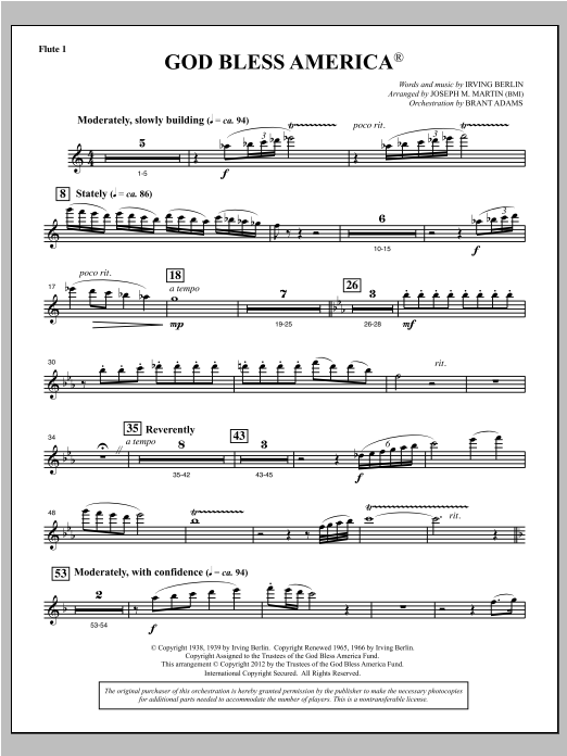 Joseph Martin God Bless America - Flute 1 Sheet Music Notes & Chords for Choral Instrumental Pak - Download or Print PDF