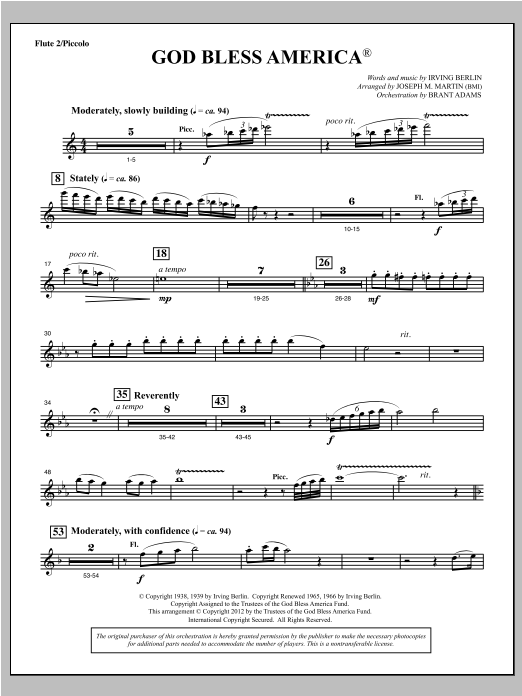 Joseph Martin God Bless America - Flute 2 Sheet Music Notes & Chords for Choral Instrumental Pak - Download or Print PDF