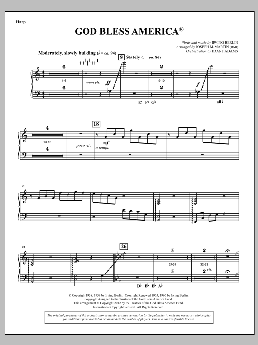 Joseph Martin God Bless America - Harp Sheet Music Notes & Chords for Choral Instrumental Pak - Download or Print PDF