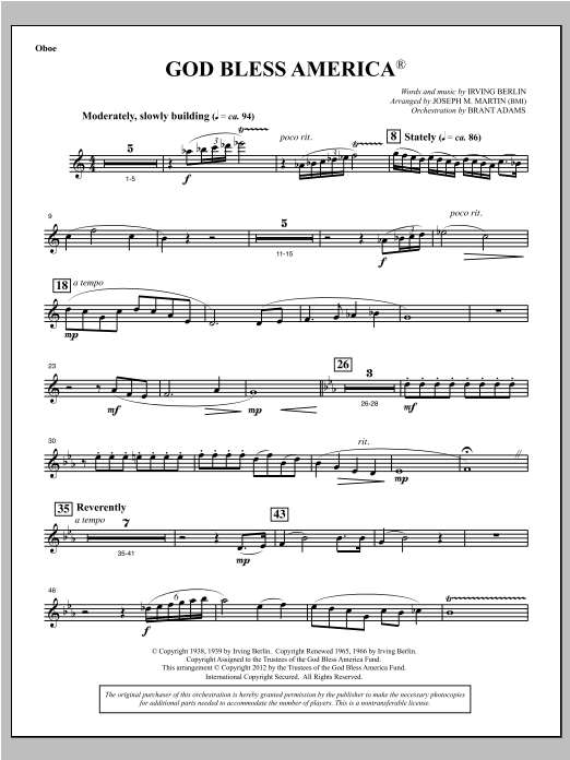 Joseph Martin God Bless America - Oboe Sheet Music Notes & Chords for Choral Instrumental Pak - Download or Print PDF