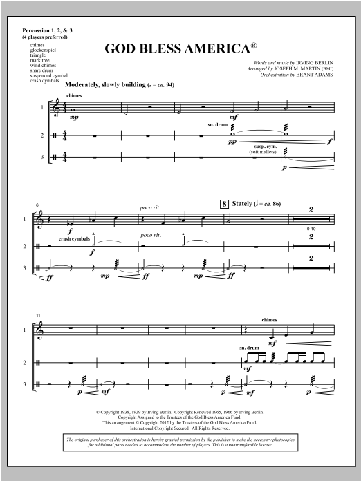 Joseph Martin God Bless America - Percussion 1,2,3 Sheet Music Notes & Chords for Choral Instrumental Pak - Download or Print PDF
