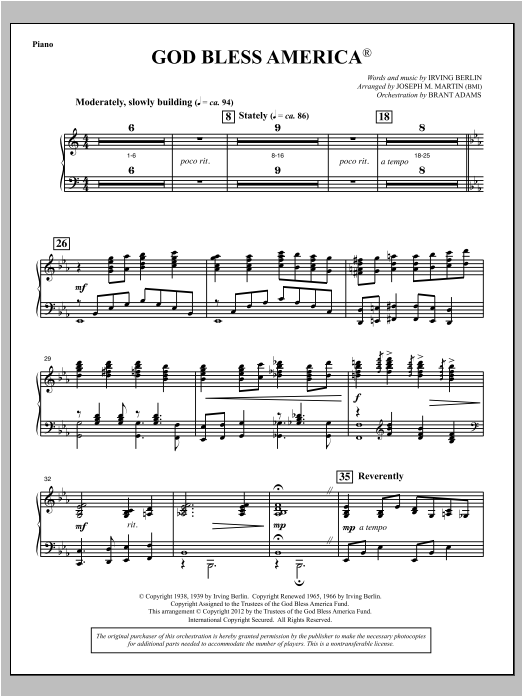 Joseph Martin God Bless America - Piano Sheet Music Notes & Chords for Choral Instrumental Pak - Download or Print PDF
