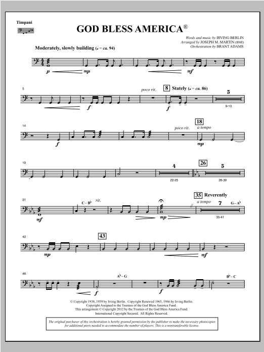 Joseph Martin God Bless America - Timpani Sheet Music Notes & Chords for Choral Instrumental Pak - Download or Print PDF
