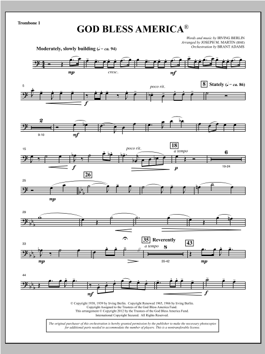 Joseph Martin God Bless America - Trombone 1 Sheet Music Notes & Chords for Choral Instrumental Pak - Download or Print PDF