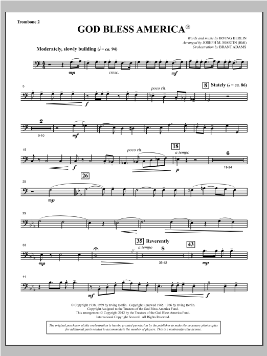 Joseph Martin God Bless America - Trombone 2 Sheet Music Notes & Chords for Choral Instrumental Pak - Download or Print PDF