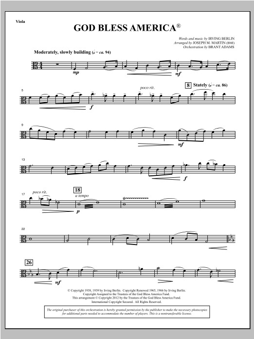 Joseph Martin God Bless America - Viola Sheet Music Notes & Chords for Choral Instrumental Pak - Download or Print PDF