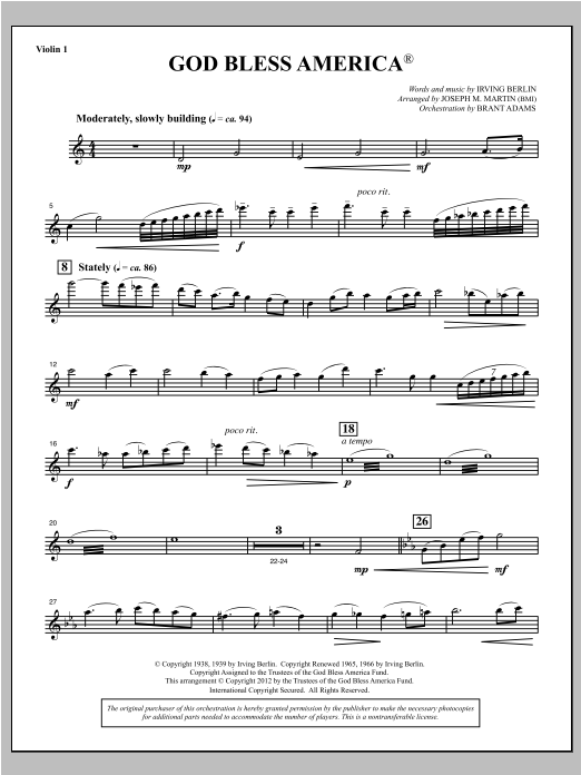 Joseph Martin God Bless America - Violin 1 Sheet Music Notes & Chords for Choral Instrumental Pak - Download or Print PDF