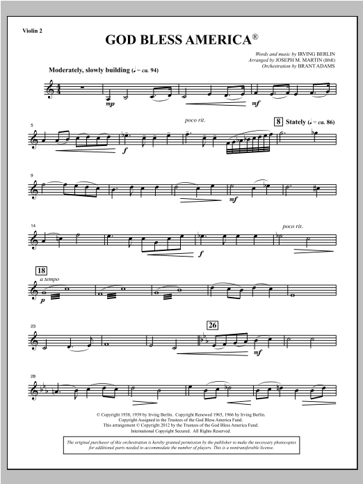 Joseph Martin God Bless America - Violin 2 Sheet Music Notes & Chords for Choral Instrumental Pak - Download or Print PDF
