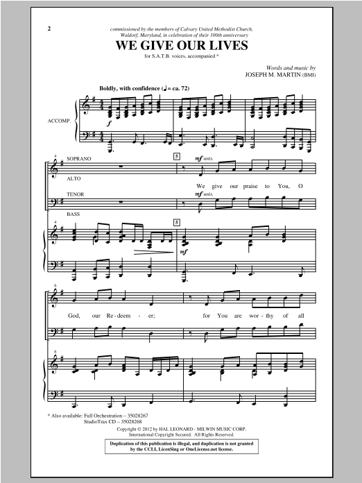 Joseph Martin We Give Our Lives Sheet Music Notes & Chords for SATB - Download or Print PDF