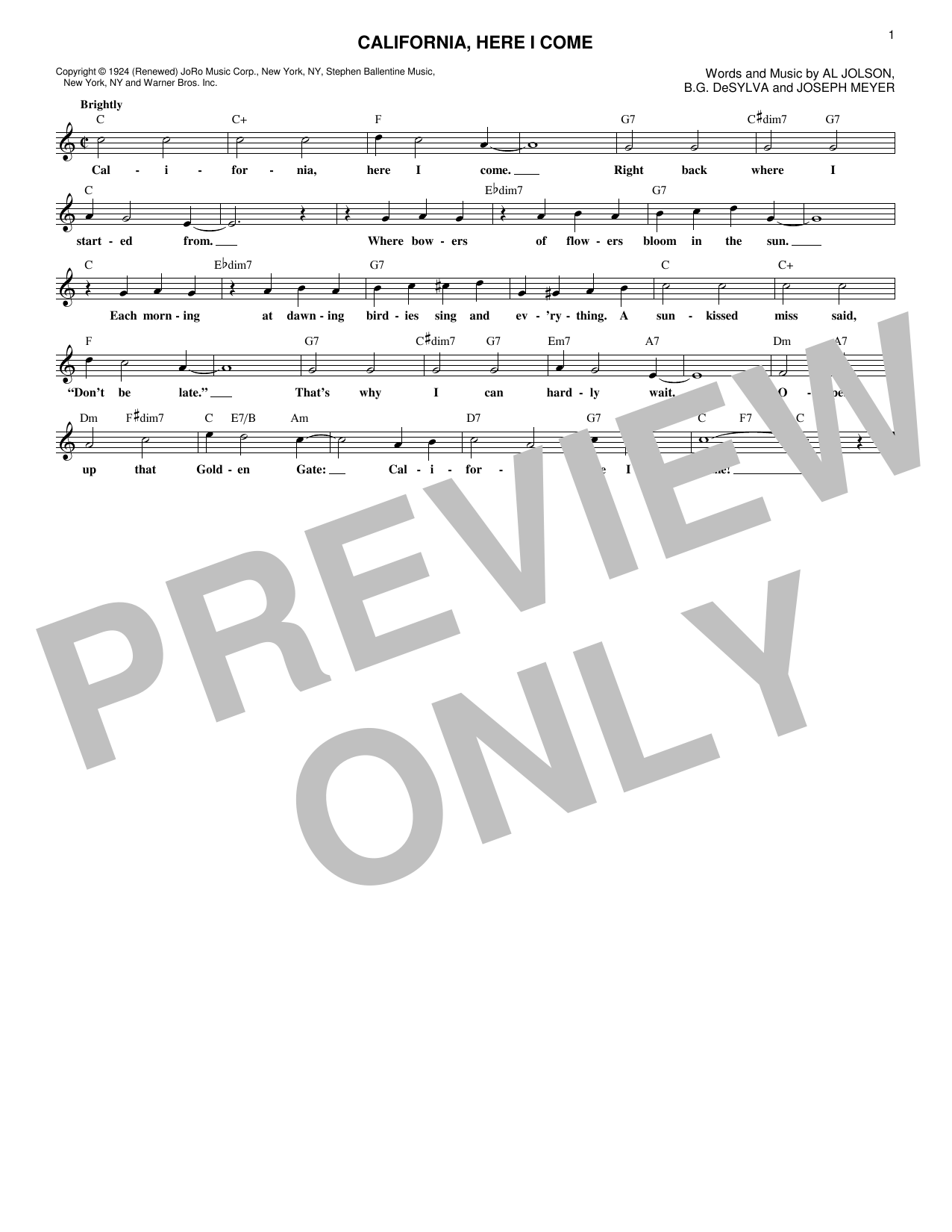 Joseph Meyer California, Here I Come Sheet Music Notes & Chords for Melody Line, Lyrics & Chords - Download or Print PDF