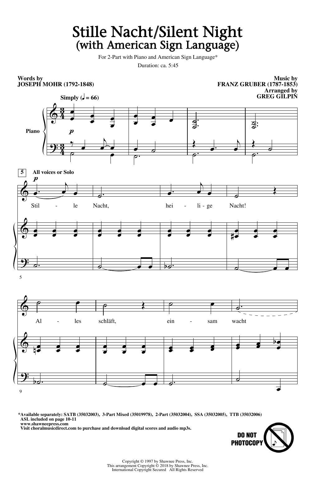 Joseph Mohr & Franz Grubert Stille Nacht/Silent Night (With American Sign Language) (arr. Greg Gilpin) Sheet Music Notes & Chords for 2-Part Choir - Download or Print PDF