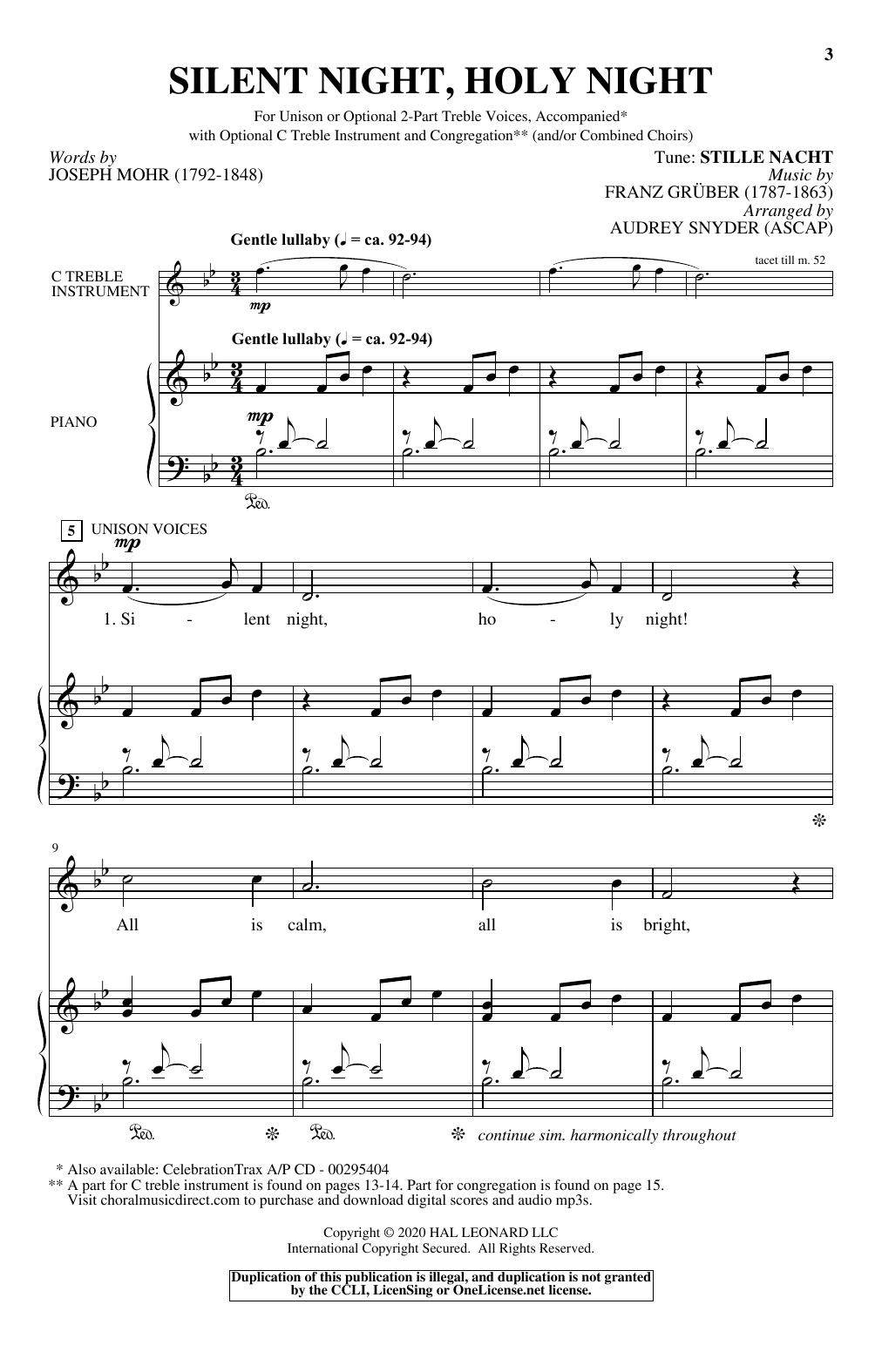 Joseph Mohr and Franz Gruber Silent Night, Holy Night (arr. Audrey Snyder) Sheet Music Notes & Chords for Unison Choir - Download or Print PDF
