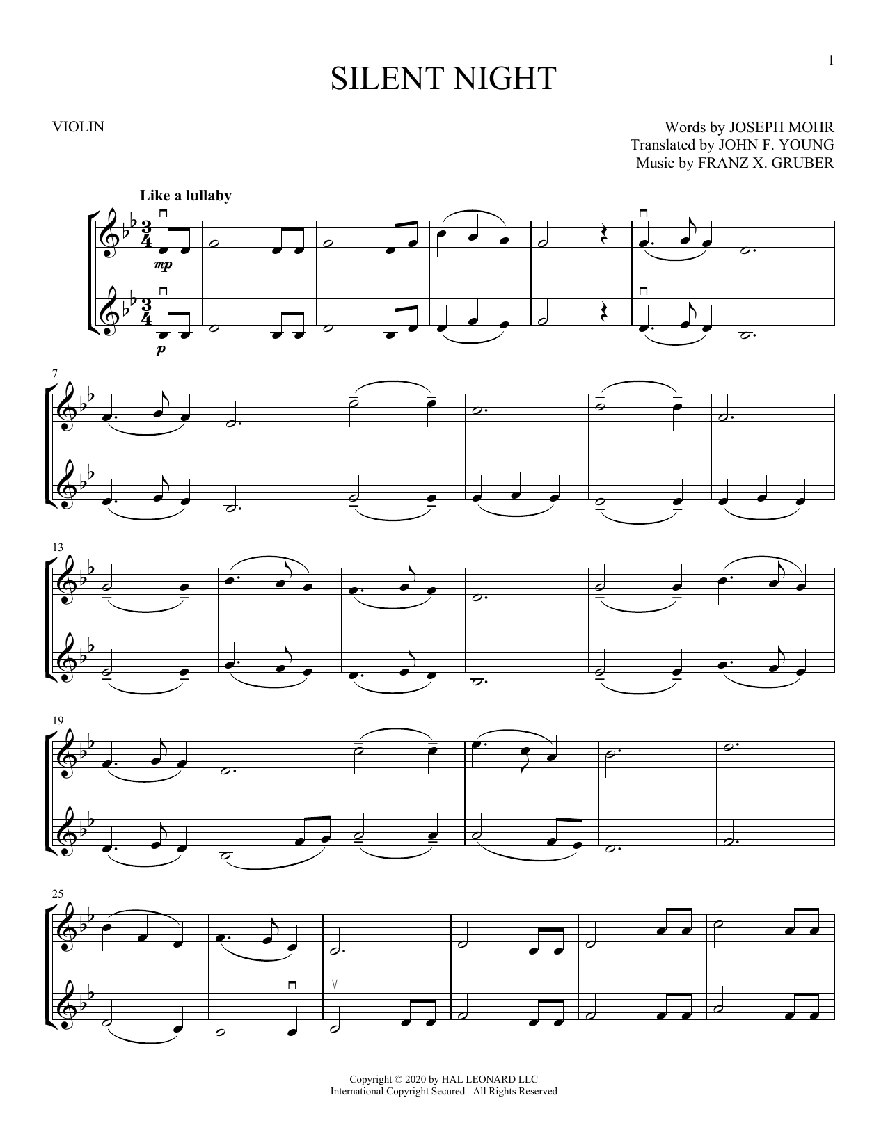 Joseph Möhr and Franz Gruber Silent Night Sheet Music Notes & Chords for Violin Duet - Download or Print PDF