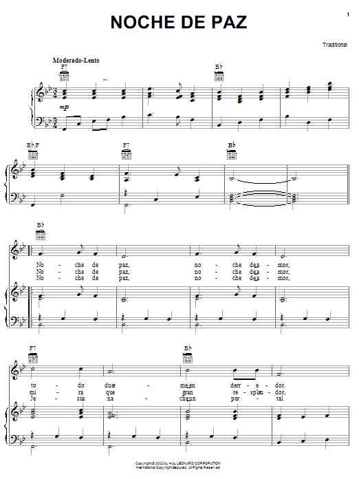 Joseph Mohr Noche De Paz Sheet Music Notes & Chords for Piano, Vocal & Guitar (Right-Hand Melody) - Download or Print PDF