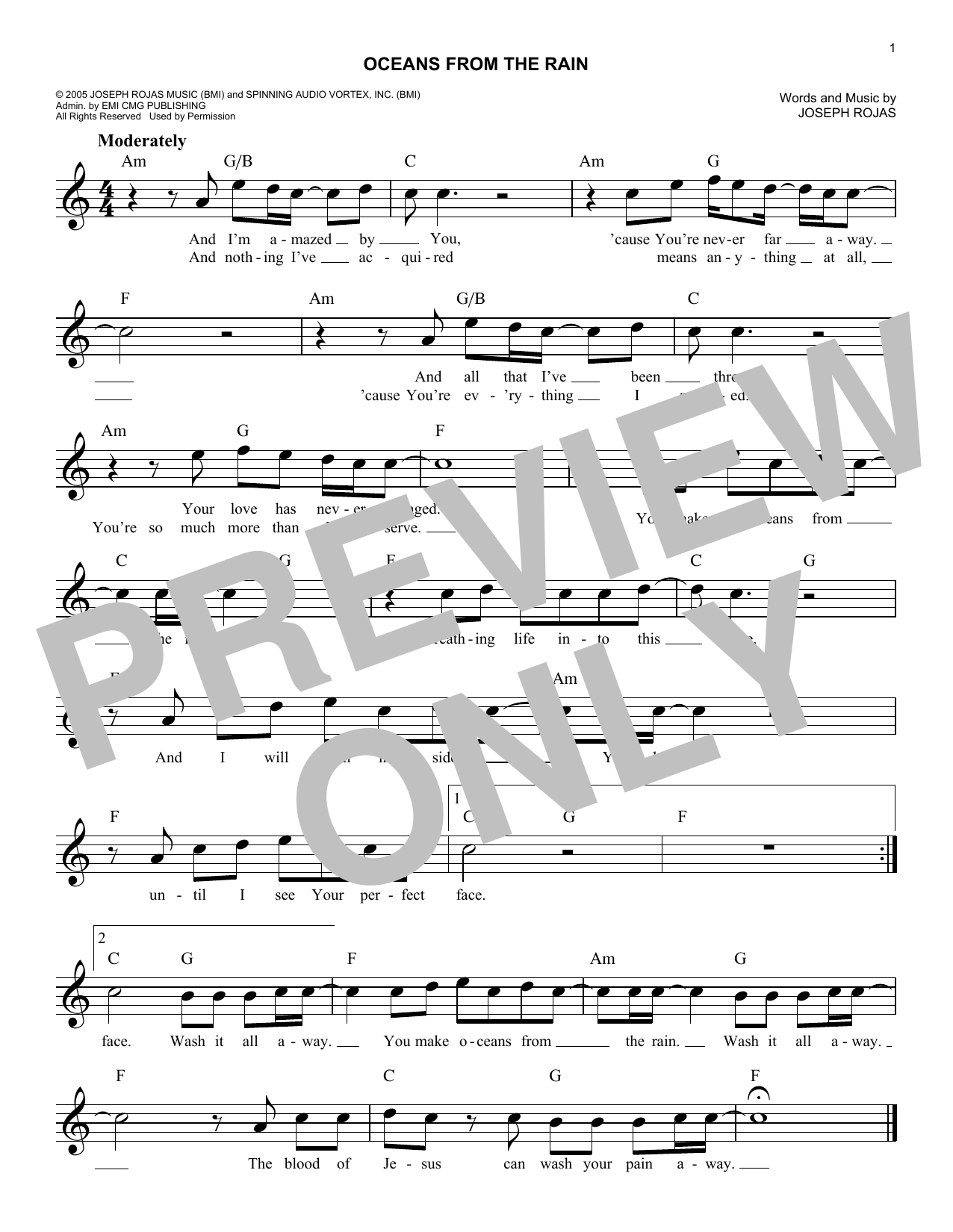 Joseph Rojas Oceans From The Rain Sheet Music Notes & Chords for Melody Line, Lyrics & Chords - Download or Print PDF