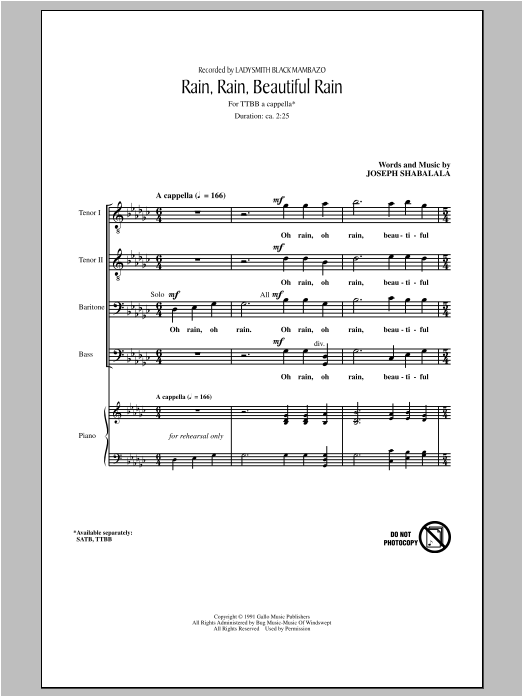 Joseph Shabalala Rain, Rain, Beautiful Rain Sheet Music Notes & Chords for TTBB - Download or Print PDF