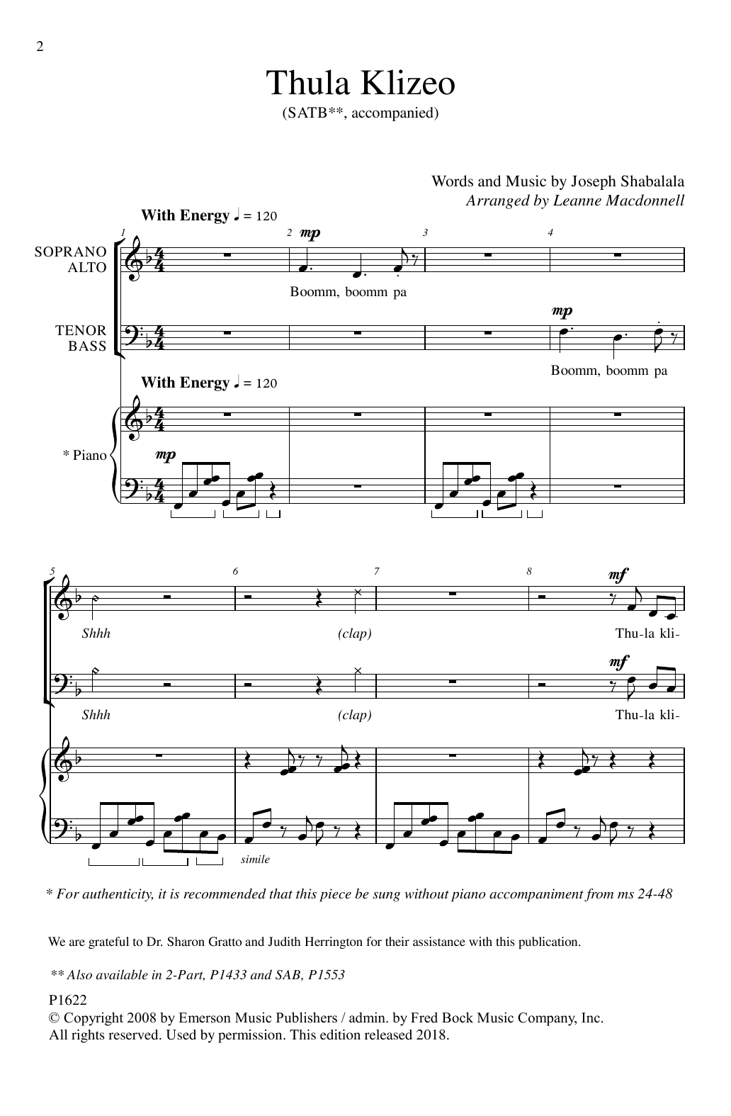 Joseph Shabalala Thula Klizeo Sheet Music Notes & Chords for SATB Choir - Download or Print PDF