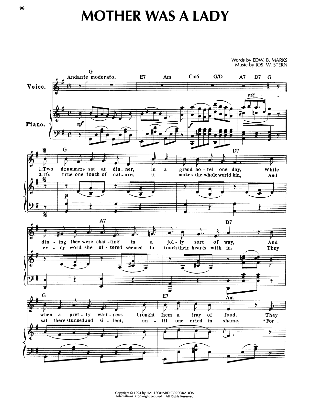 Joseph W. Stern Mother Was A Lady Sheet Music Notes & Chords for Piano, Vocal & Guitar Chords (Right-Hand Melody) - Download or Print PDF