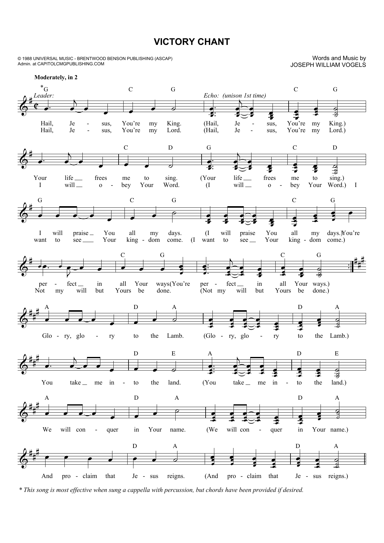 Joseph Williams Vogels Victory Chant Sheet Music Notes & Chords for Melody Line, Lyrics & Chords - Download or Print PDF