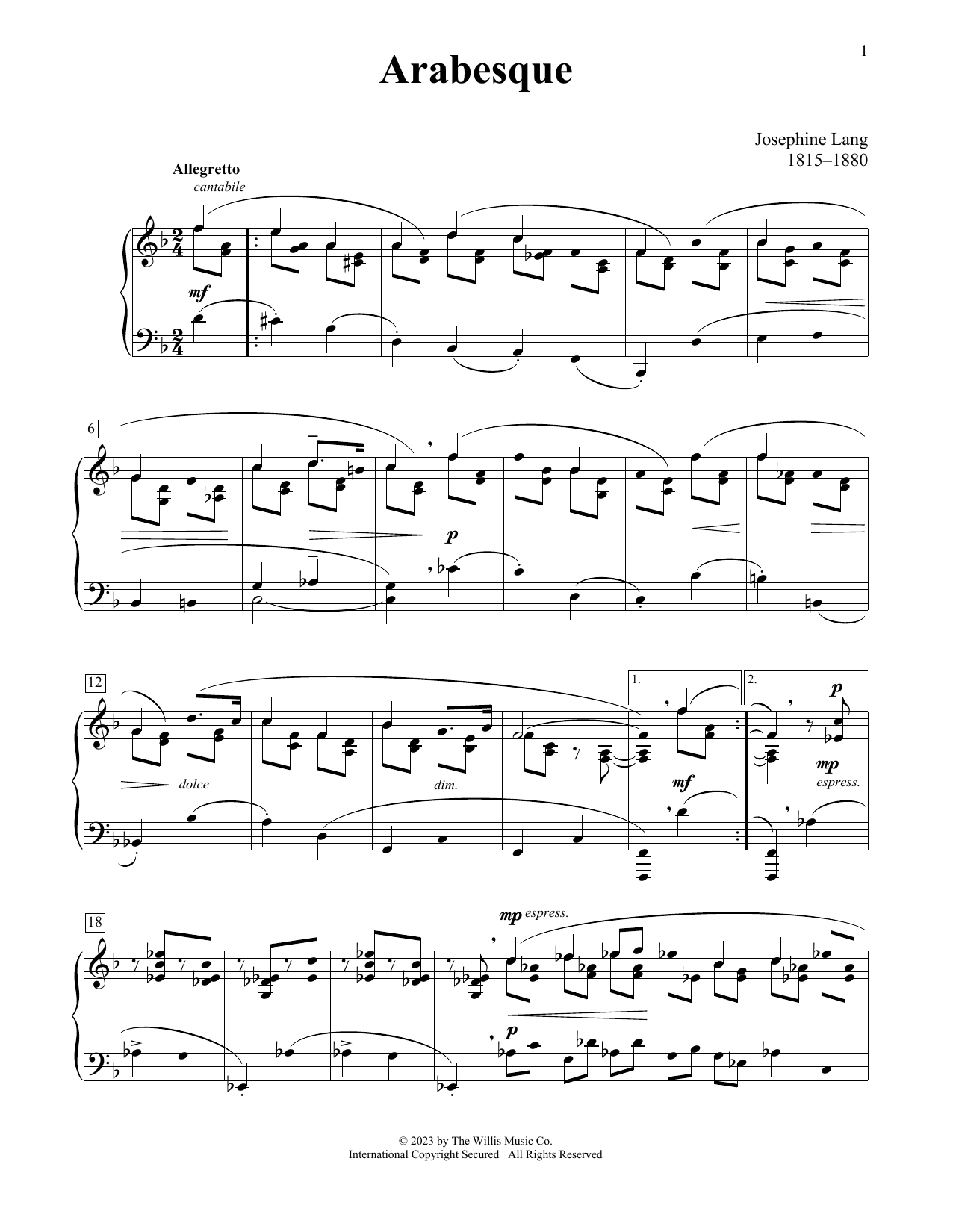 Josephine Lang Arabesque Sheet Music Notes & Chords for Educational Piano - Download or Print PDF