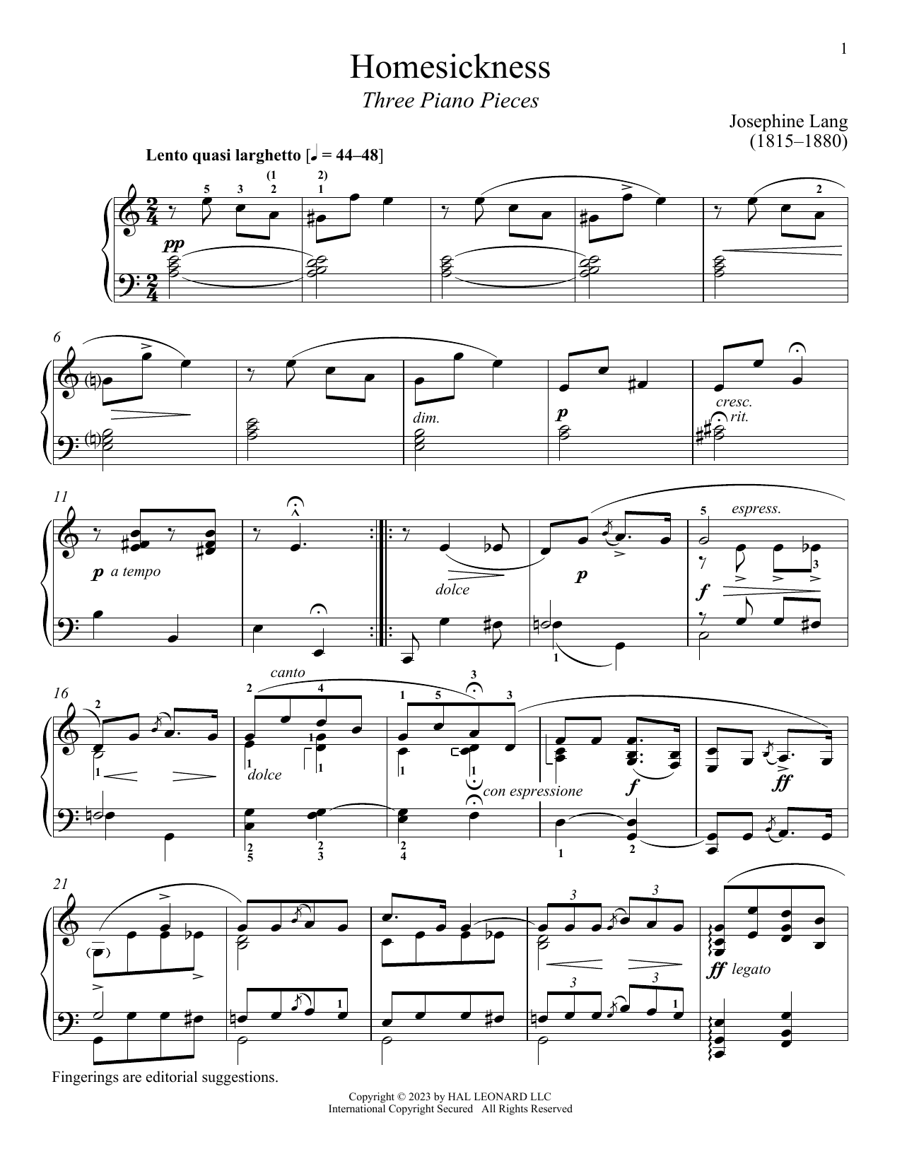 Josephine Lang Homesickness Sheet Music Notes & Chords for Piano Solo - Download or Print PDF