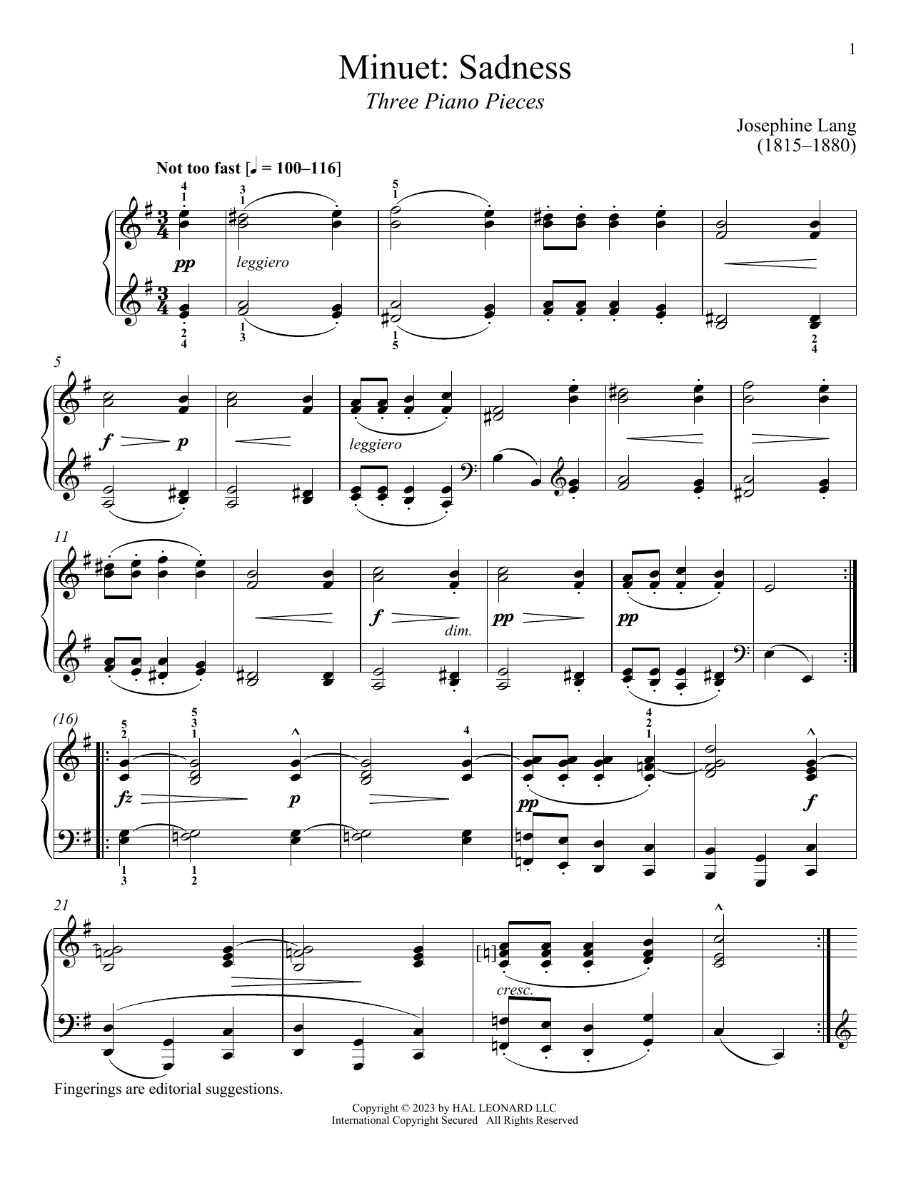Josephine Lang Minuet: Sadness Sheet Music Notes & Chords for Piano Solo - Download or Print PDF