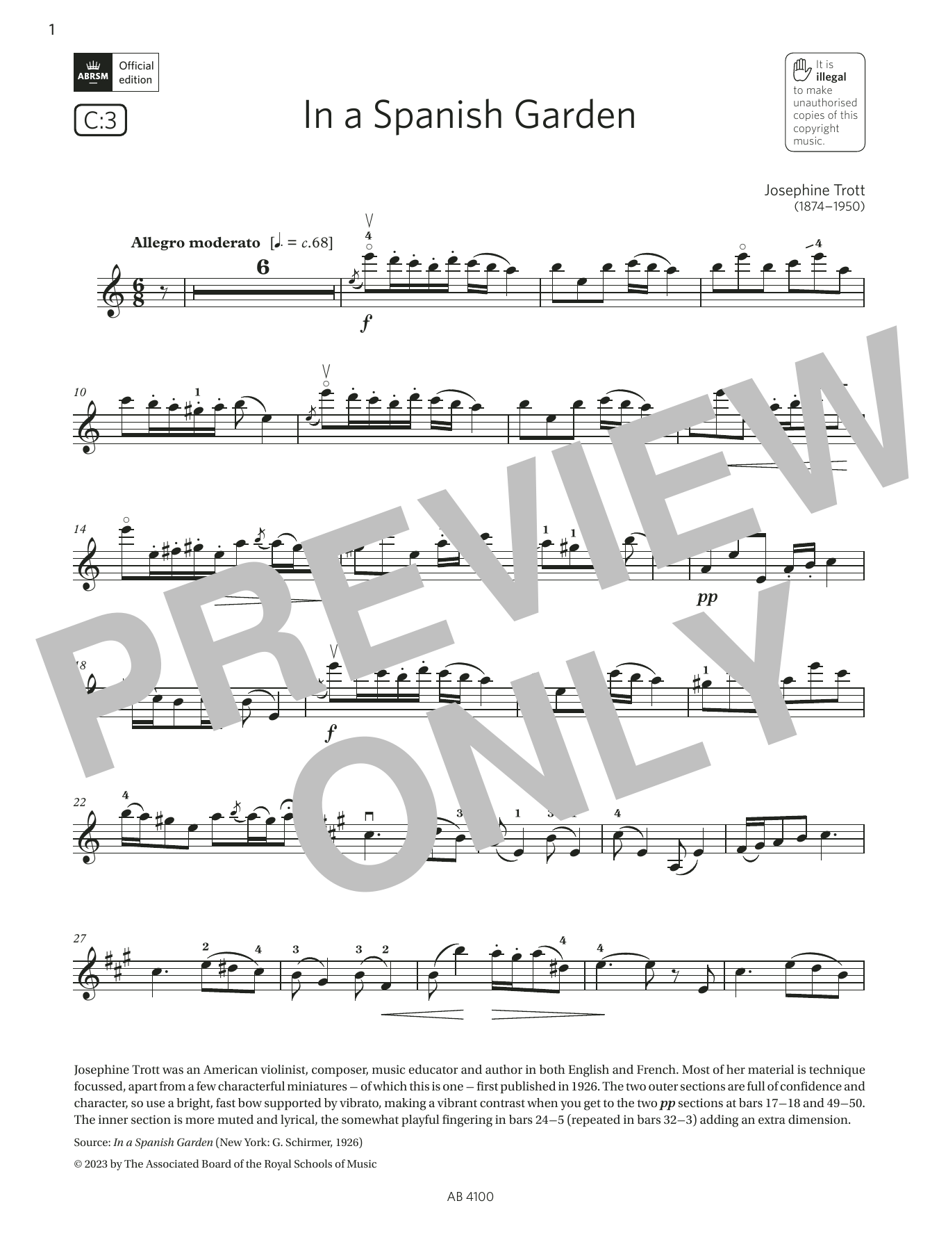 Josephine Trott In a Spanish Garden (Grade 6, C3, from the ABRSM Violin Syllabus from 2024) Sheet Music Notes & Chords for Violin Solo - Download or Print PDF