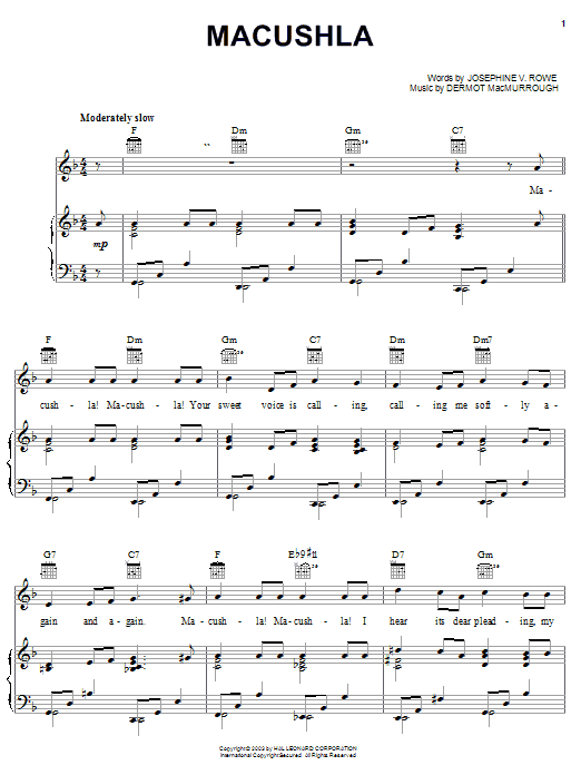 Josephine V. Rowe Macushla Sheet Music Notes & Chords for Piano, Vocal & Guitar (Right-Hand Melody) - Download or Print PDF