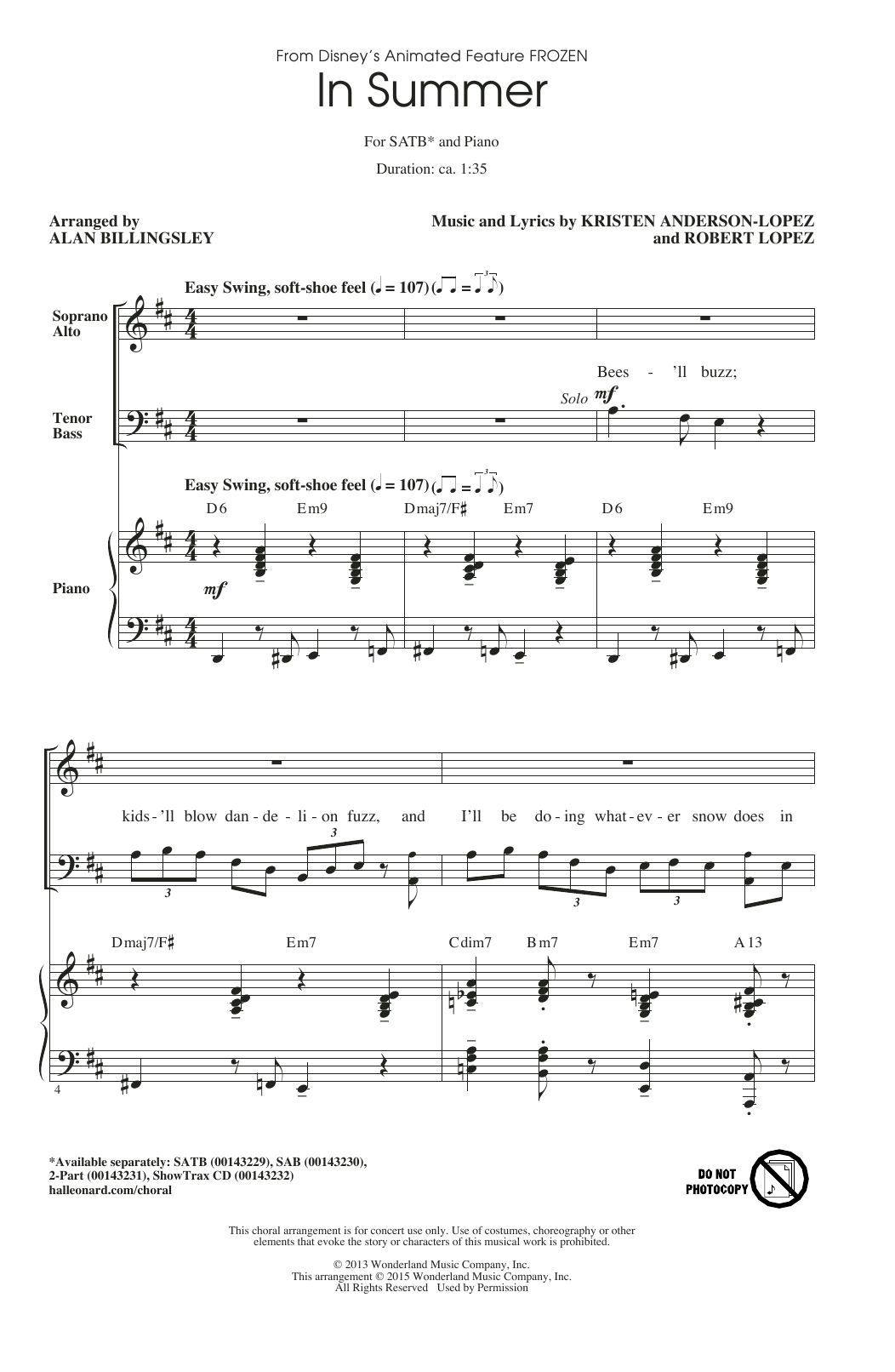 Josh Gad In Summer (from Disney's Frozen) (arr. Alan Billingsley) Sheet Music Notes & Chords for 2-Part Choir - Download or Print PDF