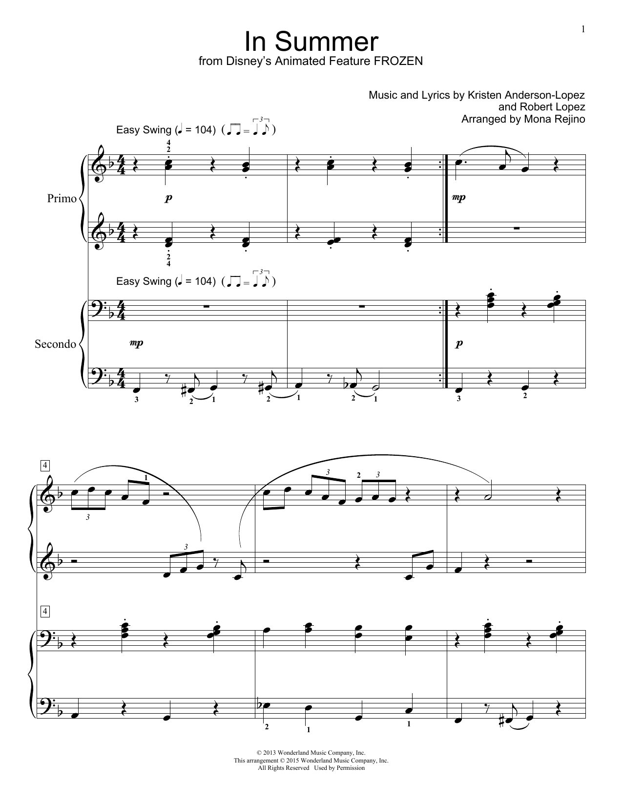 Josh Gad In Summer (from Disney's Frozen) (arr. Mona Rejino) Sheet Music Notes & Chords for Piano Duet - Download or Print PDF