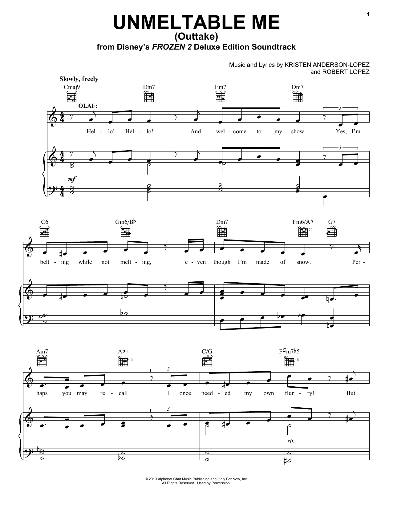 Josh Gad Unmeltable Me - Outtake (from Disney's Frozen 2) Sheet Music Notes & Chords for Piano, Vocal & Guitar (Right-Hand Melody) - Download or Print PDF