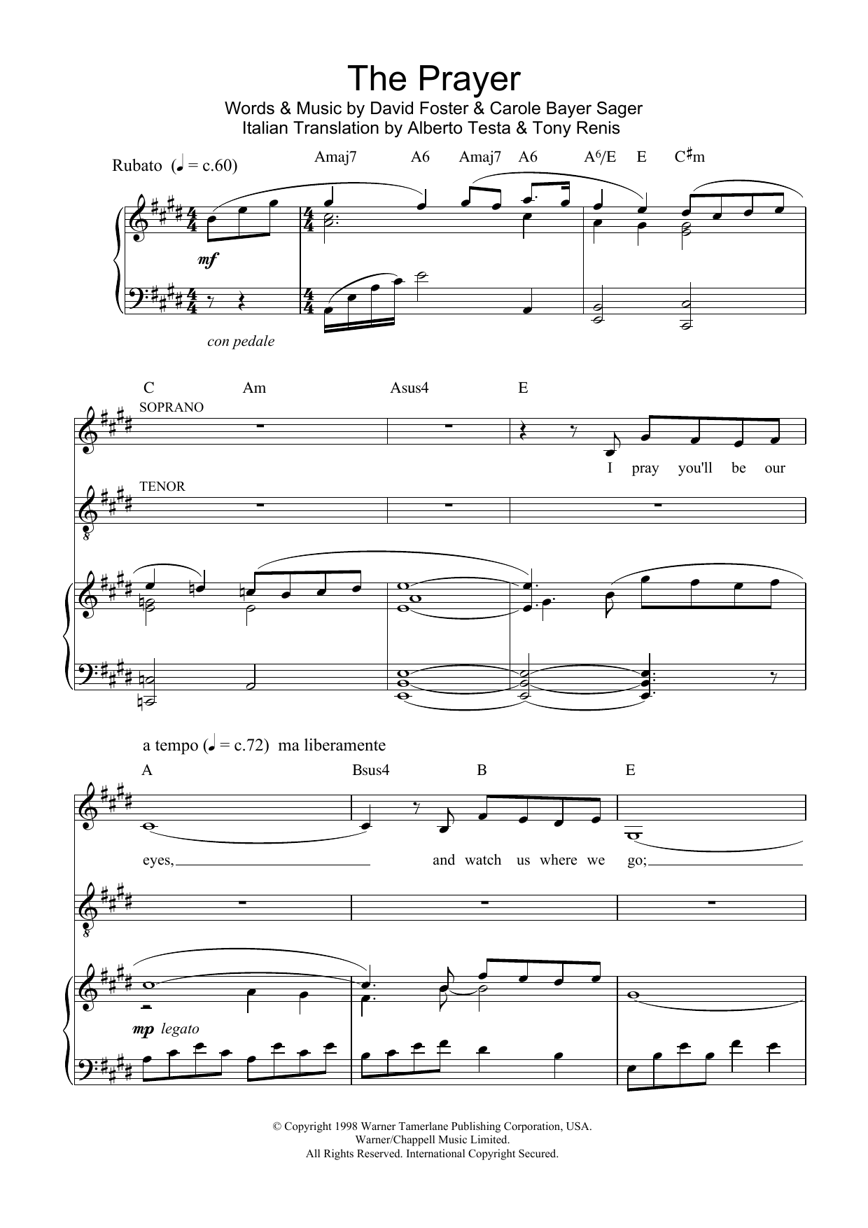 Josh Groban & Charlotte Church The Prayer Sheet Music Notes & Chords for Piano, Vocal & Guitar Chords (Right-Hand Melody) - Download or Print PDF