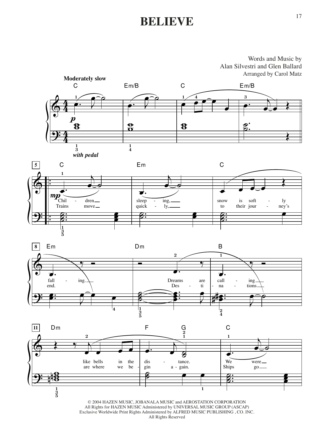 Josh Groban Believe (from The Polar Express) (arr. Carol Matz) Sheet Music Notes & Chords for Big Note Piano - Download or Print PDF