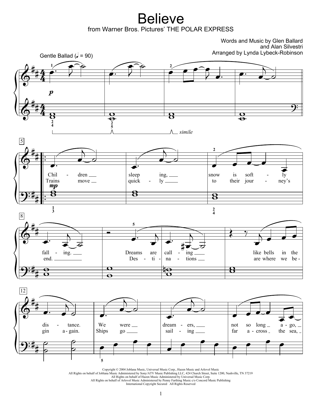 Josh Groban Believe (from The Polar Express) (arr. Lynda Lybeck-Robinson) Sheet Music Notes & Chords for Educational Piano - Download or Print PDF