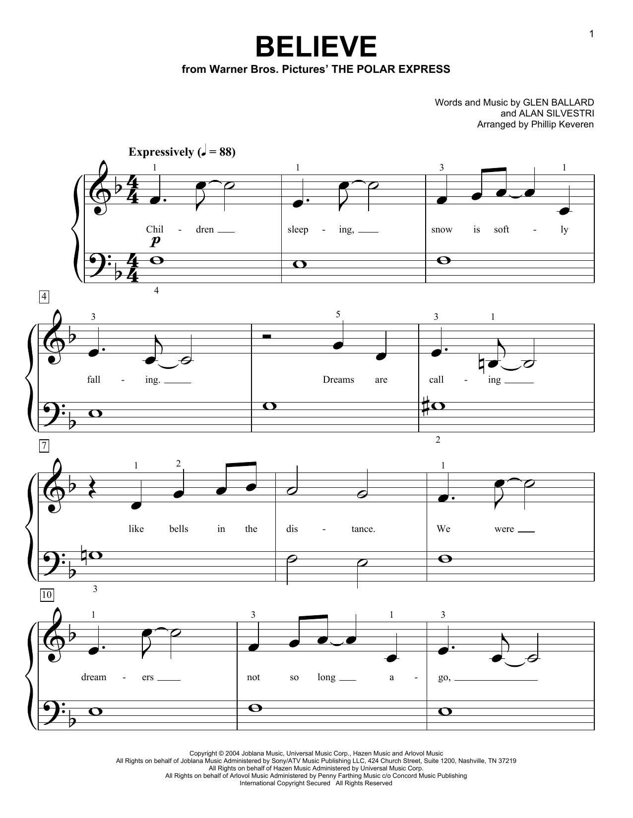 Josh Groban Believe (from The Polar Express) (arr. Phillip Keveren) Sheet Music Notes & Chords for Easy Piano - Download or Print PDF