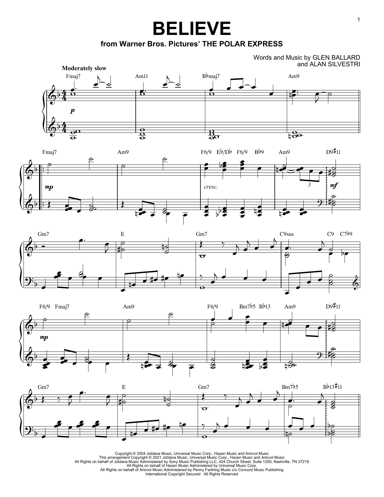 Josh Groban Believe [Jazz version] (from The Polar Express) (arr. Brent Edstrom) Sheet Music Notes & Chords for Piano Solo - Download or Print PDF