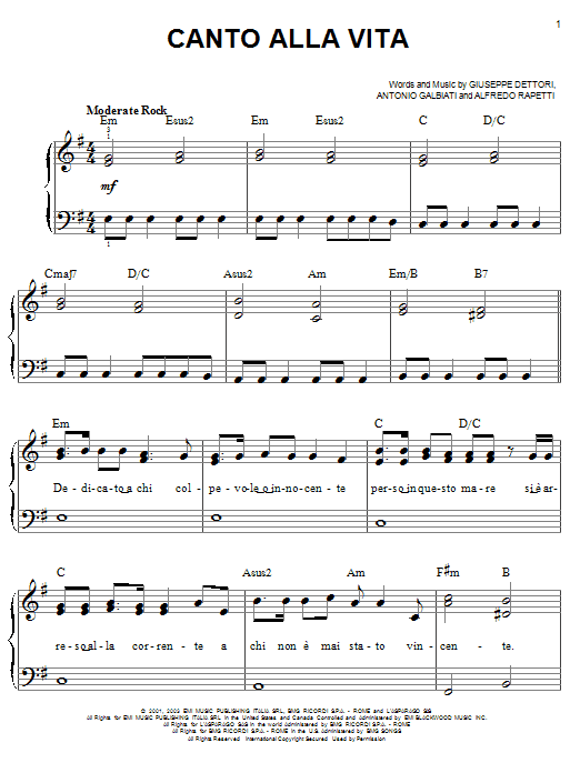 Josh Groban Canto Alla Vita Sheet Music Notes & Chords for Easy Piano - Download or Print PDF