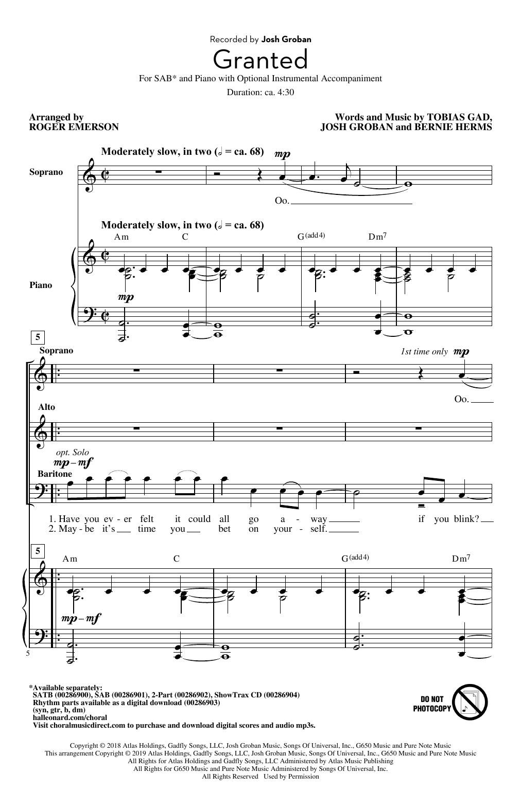 Josh Groban Granted (arr. Roger Emerson) Sheet Music Notes & Chords for SATB Choir - Download or Print PDF