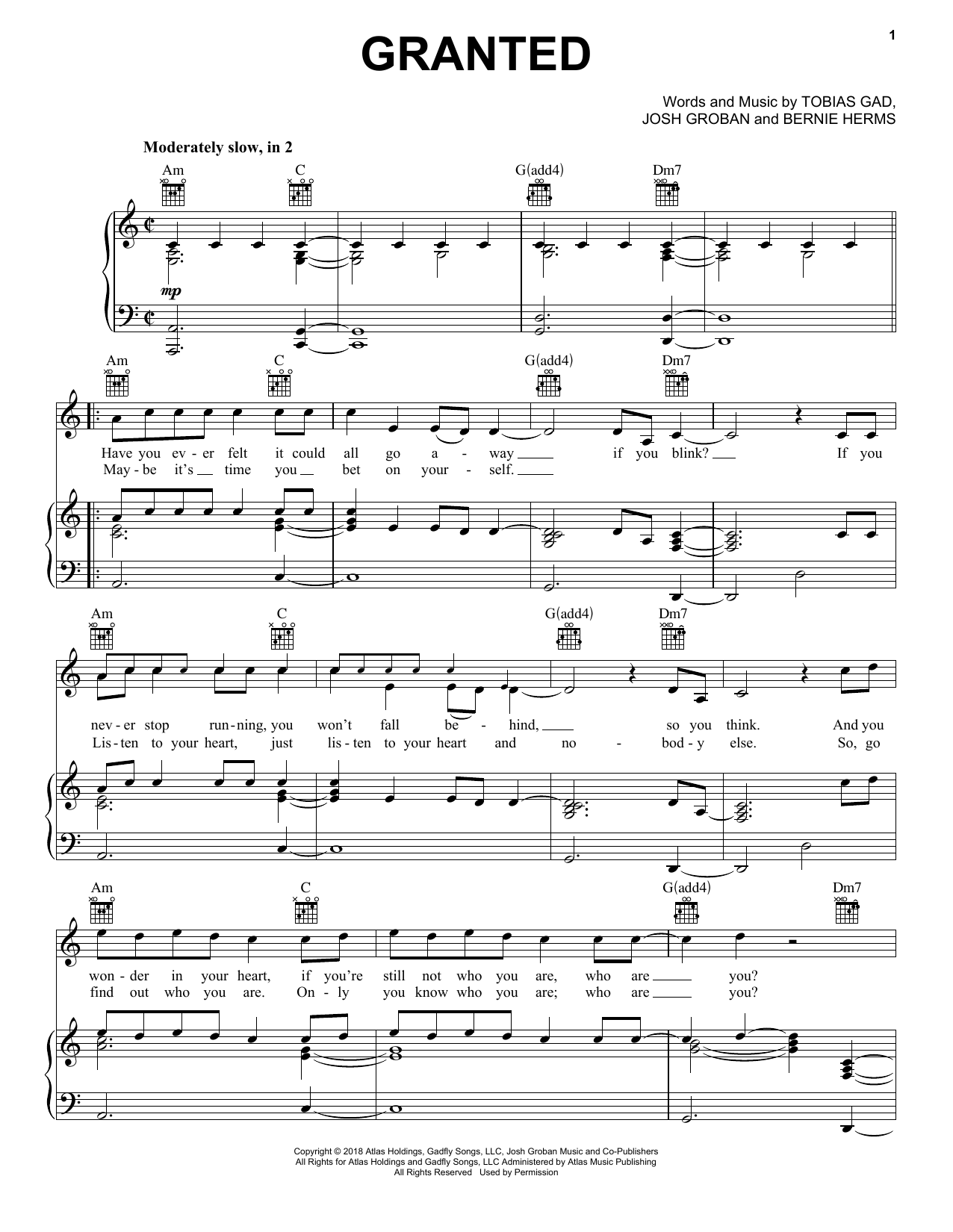 Josh Groban Granted Sheet Music Notes & Chords for Piano, Vocal & Guitar (Right-Hand Melody) - Download or Print PDF