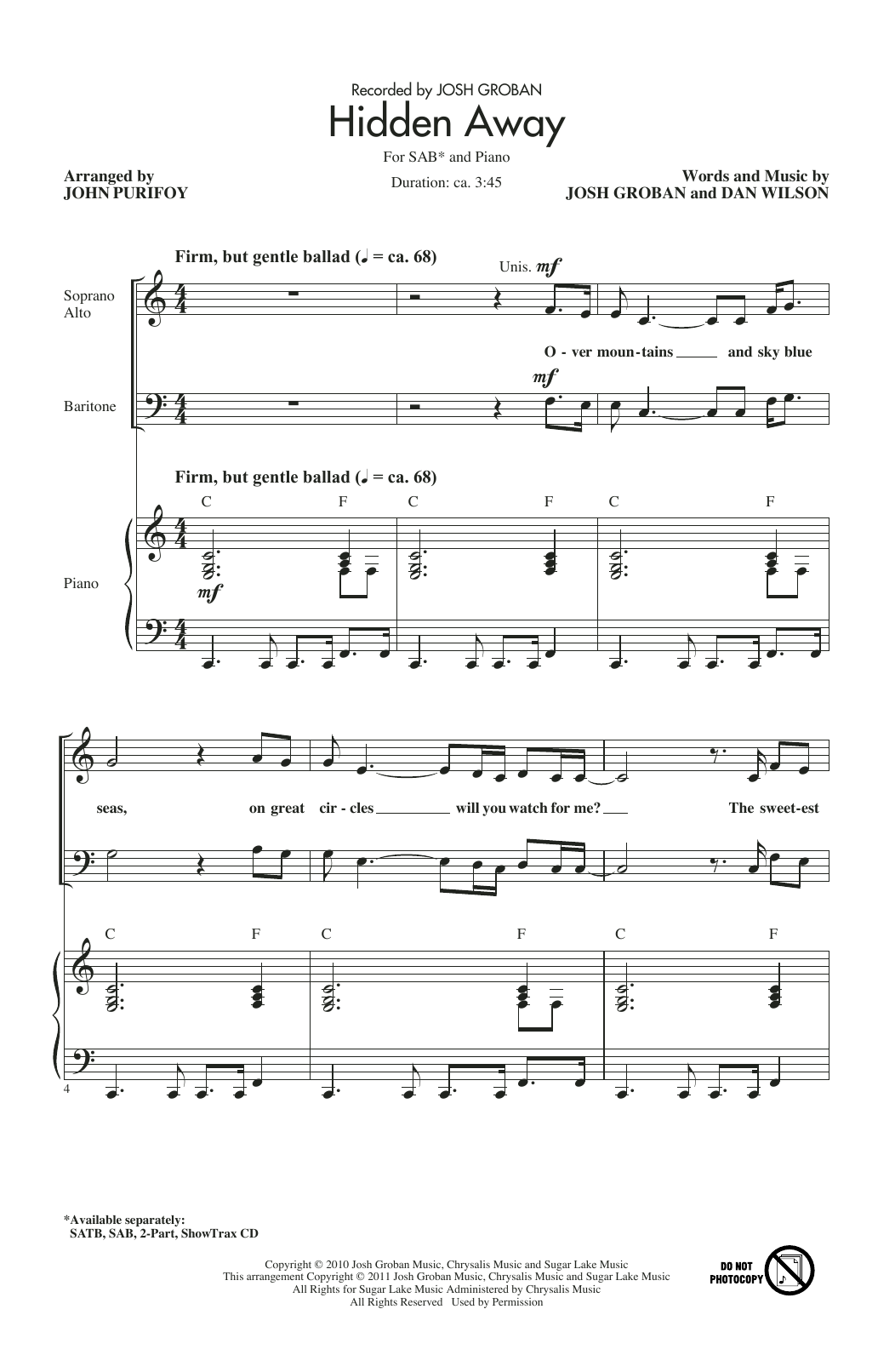 Josh Groban Hidden Away (arr. John Purifoy) Sheet Music Notes & Chords for SAB Choir - Download or Print PDF