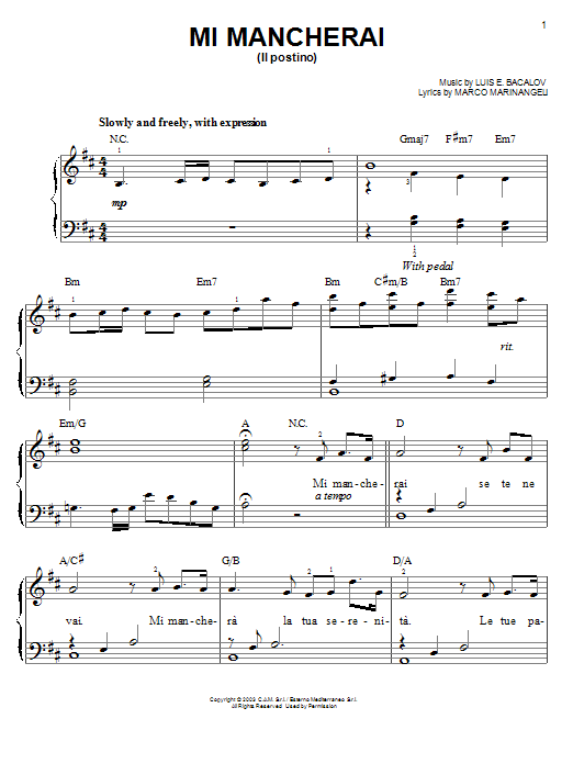 Josh Groban Mi Mancherai (Il Postino) Sheet Music Notes & Chords for Piano, Vocal & Guitar Chords (Right-Hand Melody) - Download or Print PDF