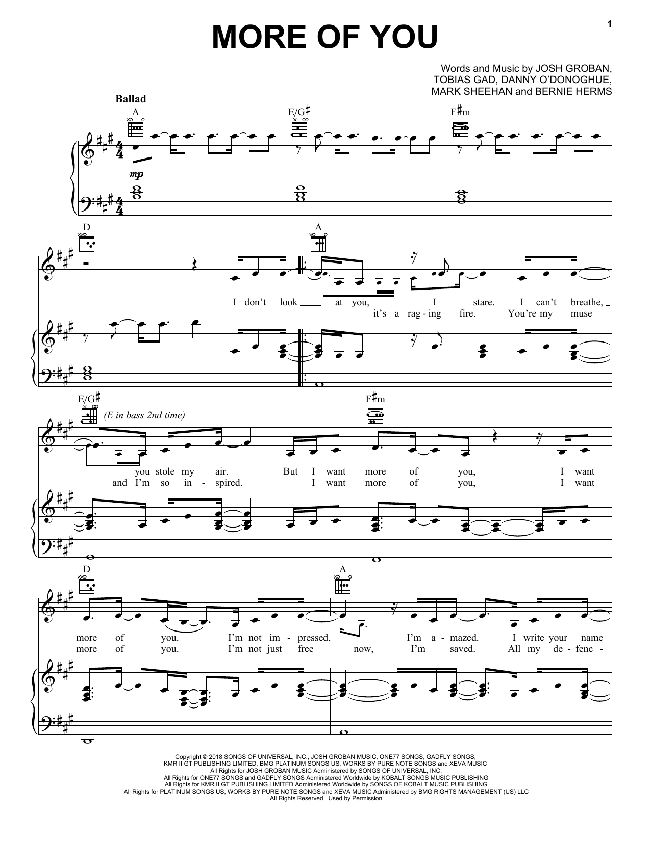 Josh Groban More Of You Sheet Music Notes & Chords for Piano, Vocal & Guitar (Right-Hand Melody) - Download or Print PDF