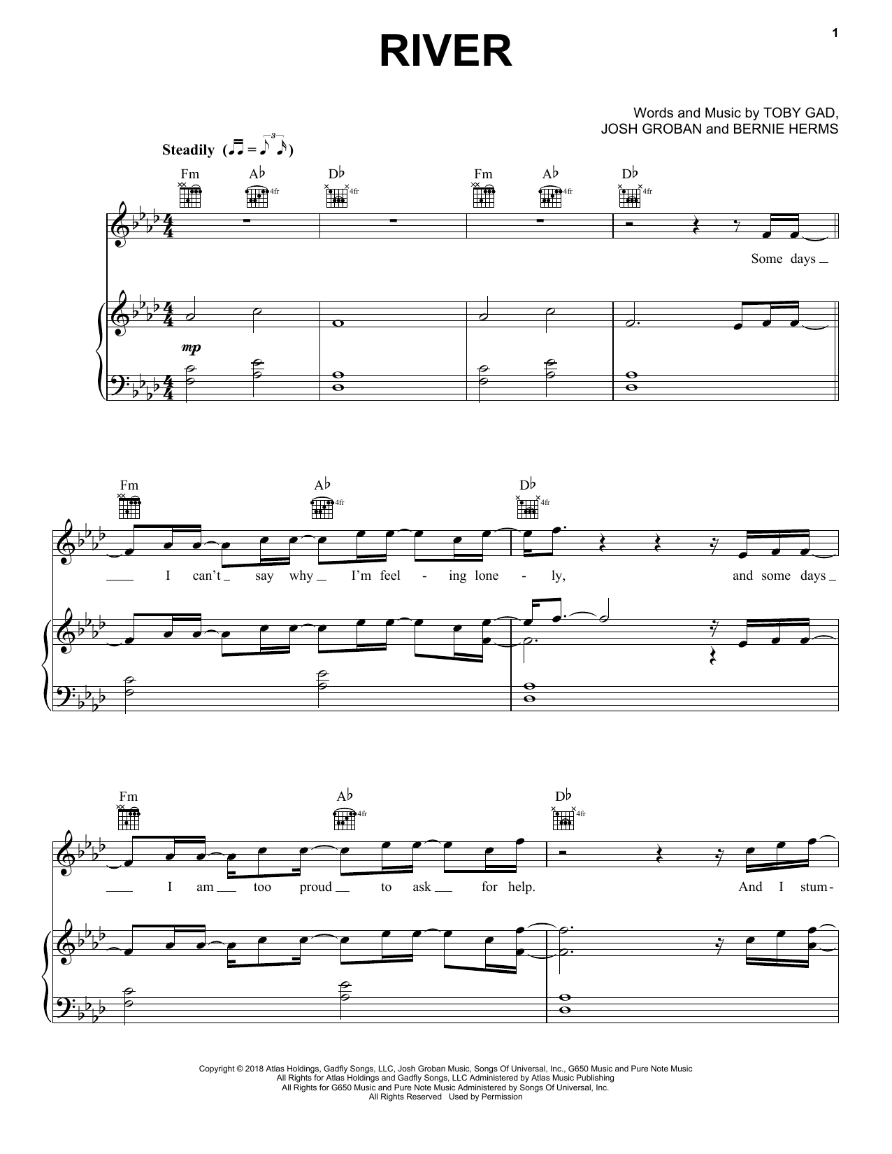Josh Groban River Sheet Music Notes & Chords for Piano, Vocal & Guitar (Right-Hand Melody) - Download or Print PDF
