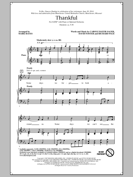 Josh Groban Thankful (arr. Mark Hayes) Sheet Music Notes & Chords for SSA - Download or Print PDF