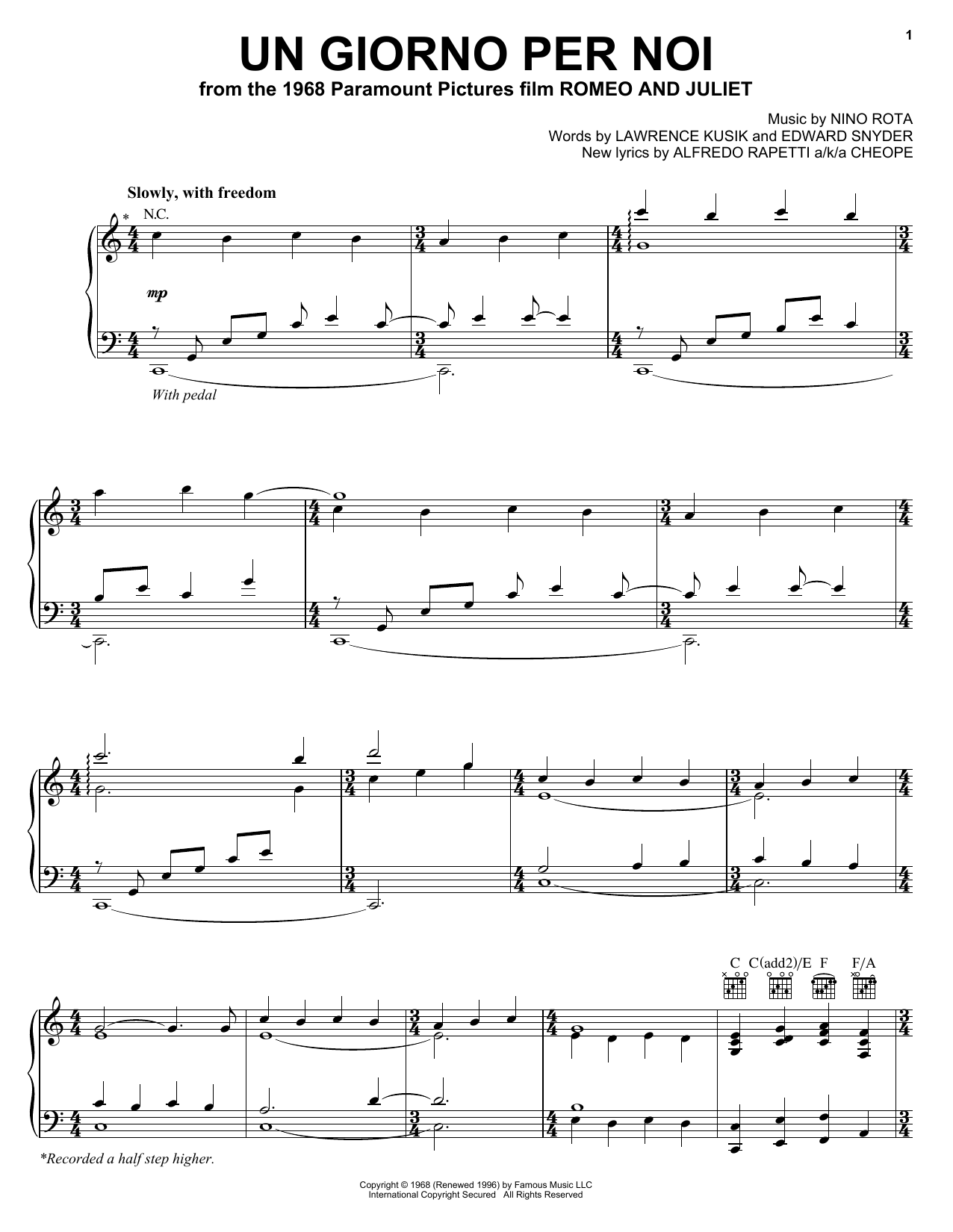 Josh Groban Un Giorno Per Noi Sheet Music Notes & Chords for Piano, Vocal & Guitar (Right-Hand Melody) - Download or Print PDF