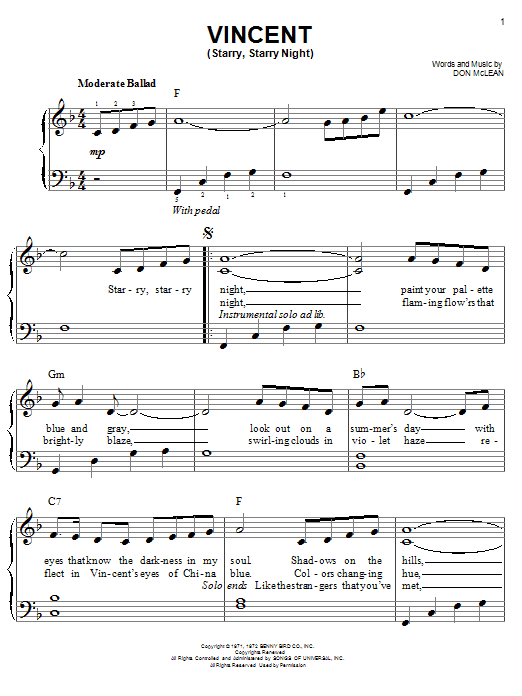 Josh Groban Vincent (Starry Starry Night) Sheet Music Notes & Chords for Easy Piano - Download or Print PDF