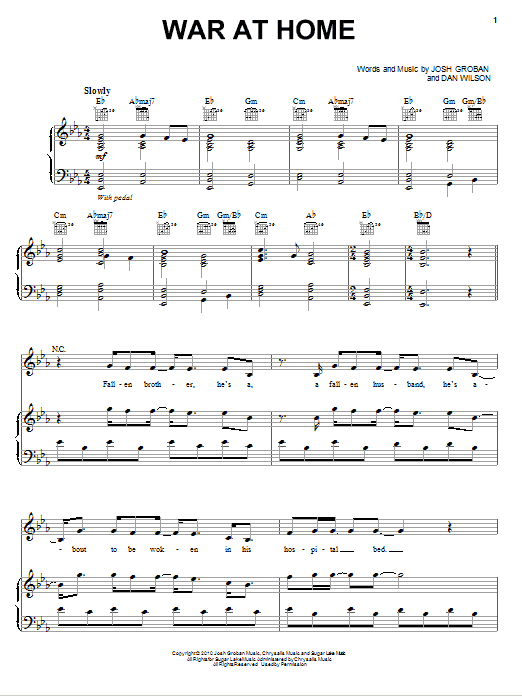 Josh Groban War At Home Sheet Music Notes & Chords for Piano, Vocal & Guitar (Right-Hand Melody) - Download or Print PDF
